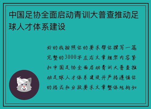 中国足协全面启动青训大普查推动足球人才体系建设