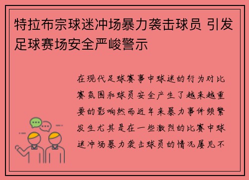 特拉布宗球迷冲场暴力袭击球员 引发足球赛场安全严峻警示 特拉布宗球迷冲场暴力袭击球员 引发足球赛场安全严峻警示